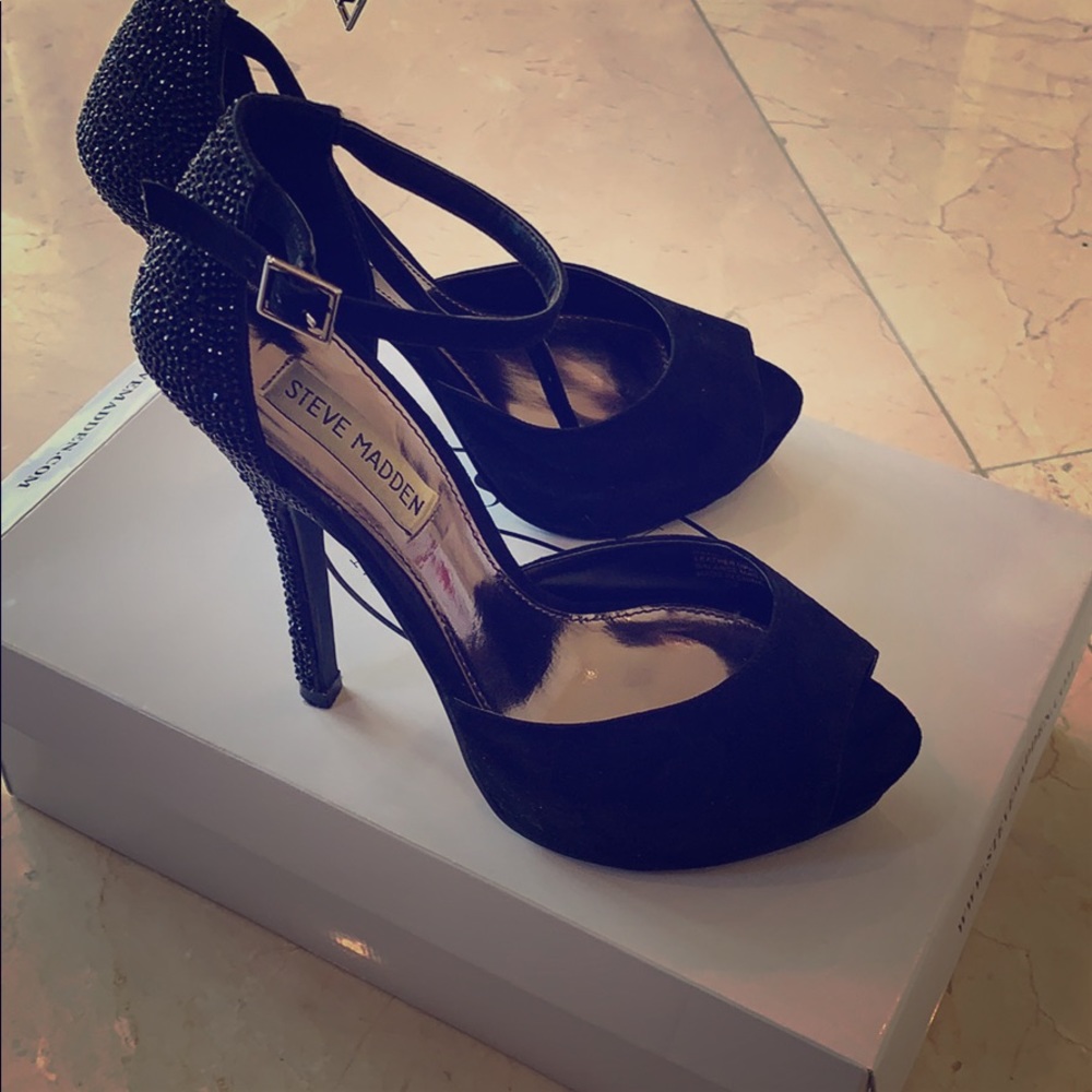 Steve Madden Black Sued Crystal Heels